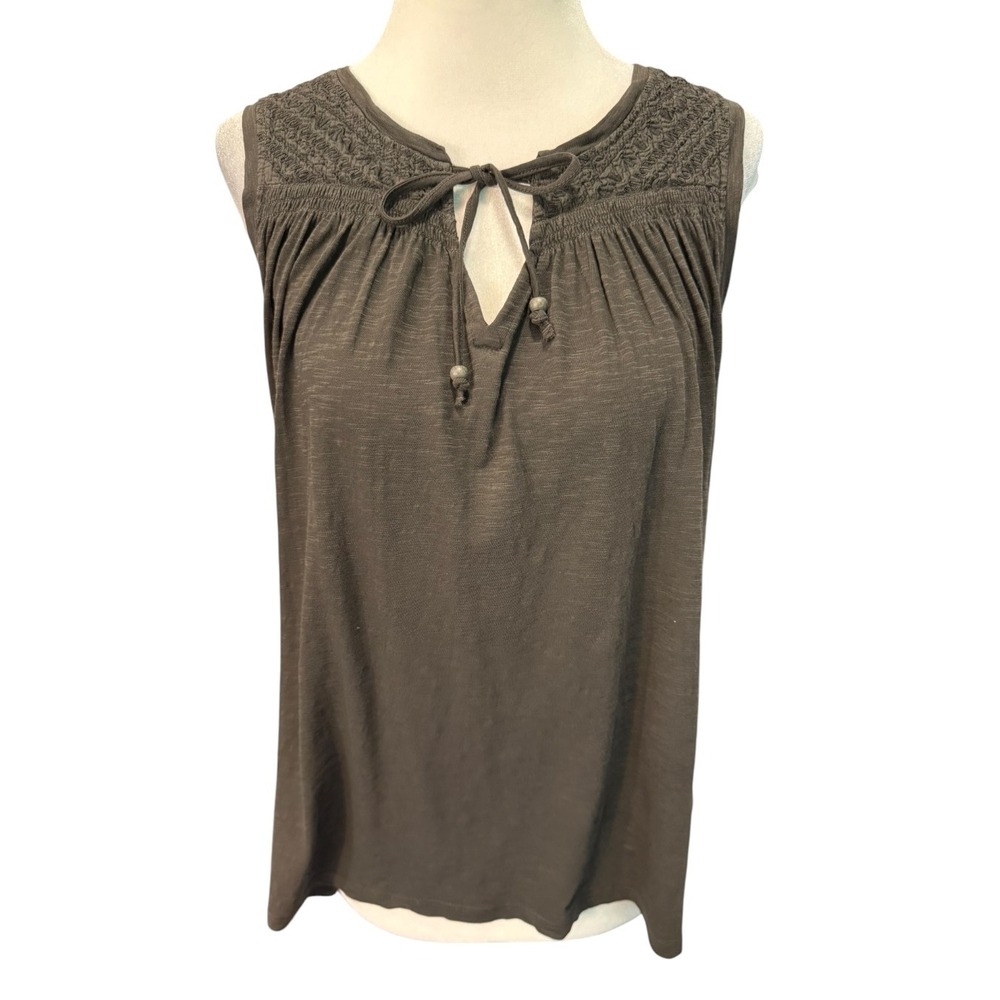 Lucky Brand Womens Sleeveless Smocked Split Tie Neck Slub Top Olive Brown S NWT
